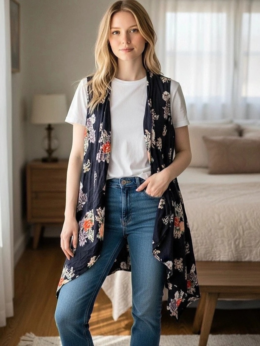 ellos Floral Open Front Vest in Black & Red